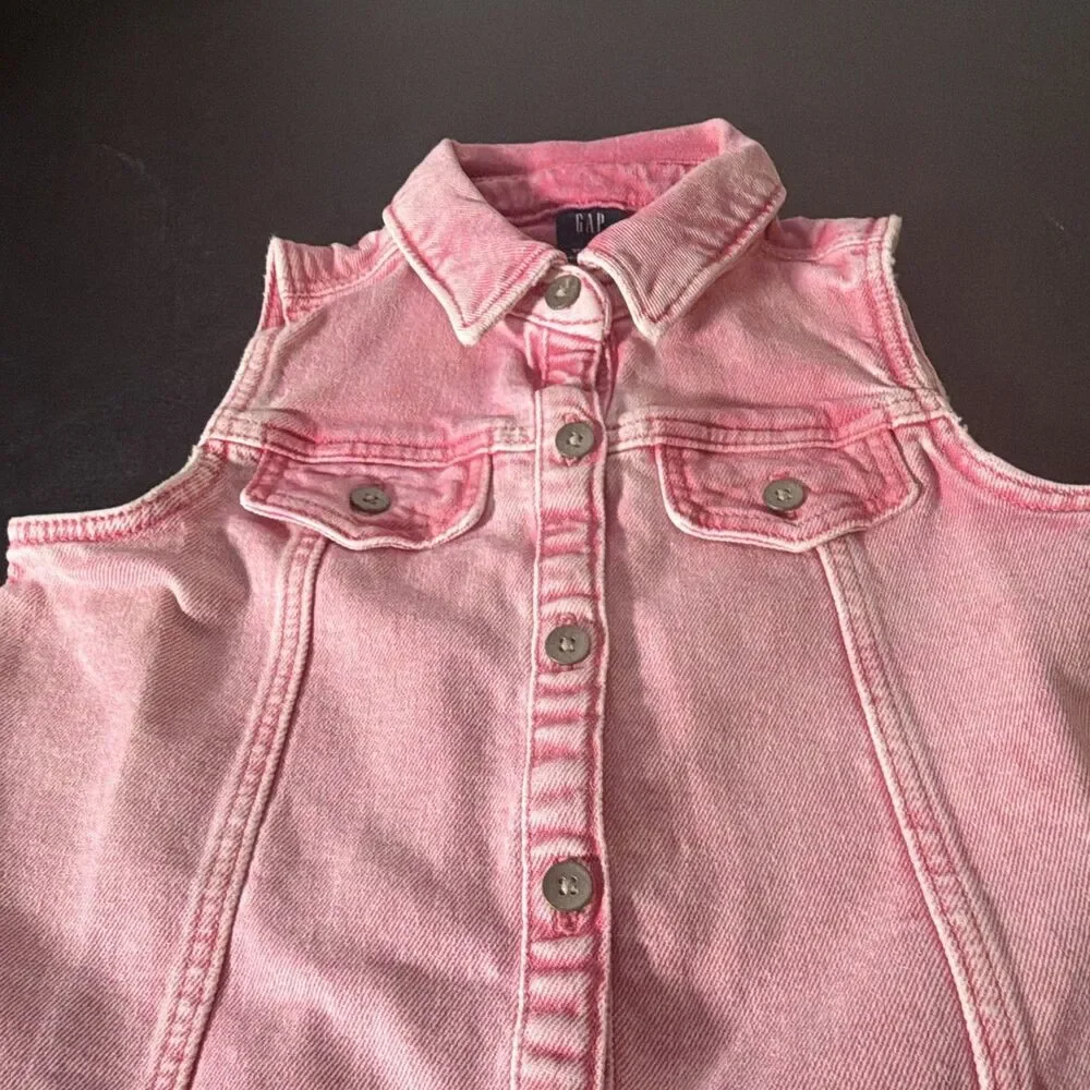 Gap Baby Girls Pink Sleeveless Denim Shirt Dress Button Front Pockets 5Y
